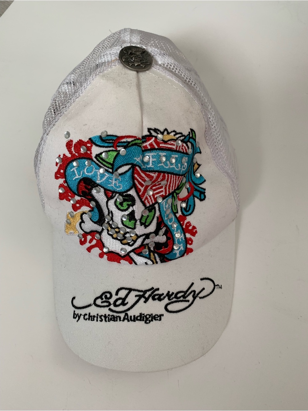 Ed Hardy Unisex Adult White Skull Cap Turquoise & Red Embroidery Rhinestones